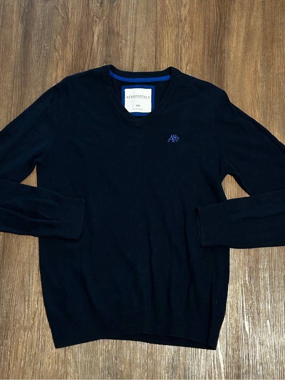 Aeropostale Mens Sweater Size Medium M Pullover V Neck 100% Cotton Navy